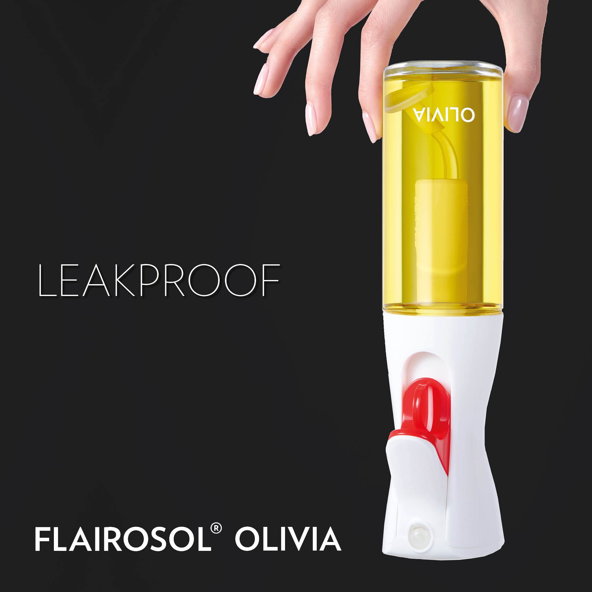 FLAIROSOL OLIVIA. The Original, Oil Sprayer for Cooking, 130ml Olive Oil Mister Spray Bottle, Continuous Spray Bottle for Kitchen, Cooking, Baking, Salad, BBQ (Glass Bottle, White Print)