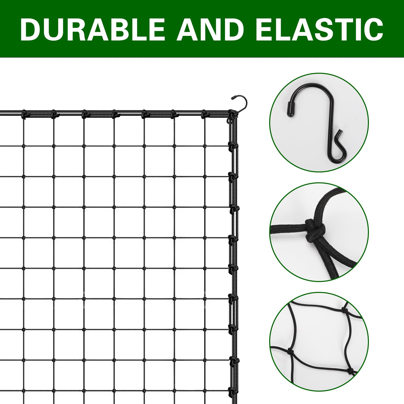 Qivine Grow Tent Net, 2 Pcs Plant Trellis Netting, 4 x4 Ft Elastic Plant Net with Hooks, Elastic Trellis Netting with Ties Support for Climbing Plants, Vegetables, Fruits, Flowers, Vines