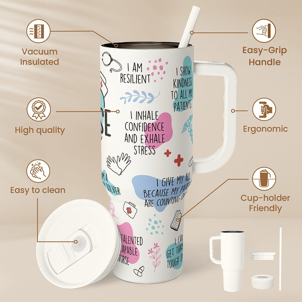 Nurse Tumbler with Handle 40oz, Coffee Travel Mug with Straw, Inspiration Gifts for Women Female Nurses, Nursing Gift for Birthday Christmas Nurse Week