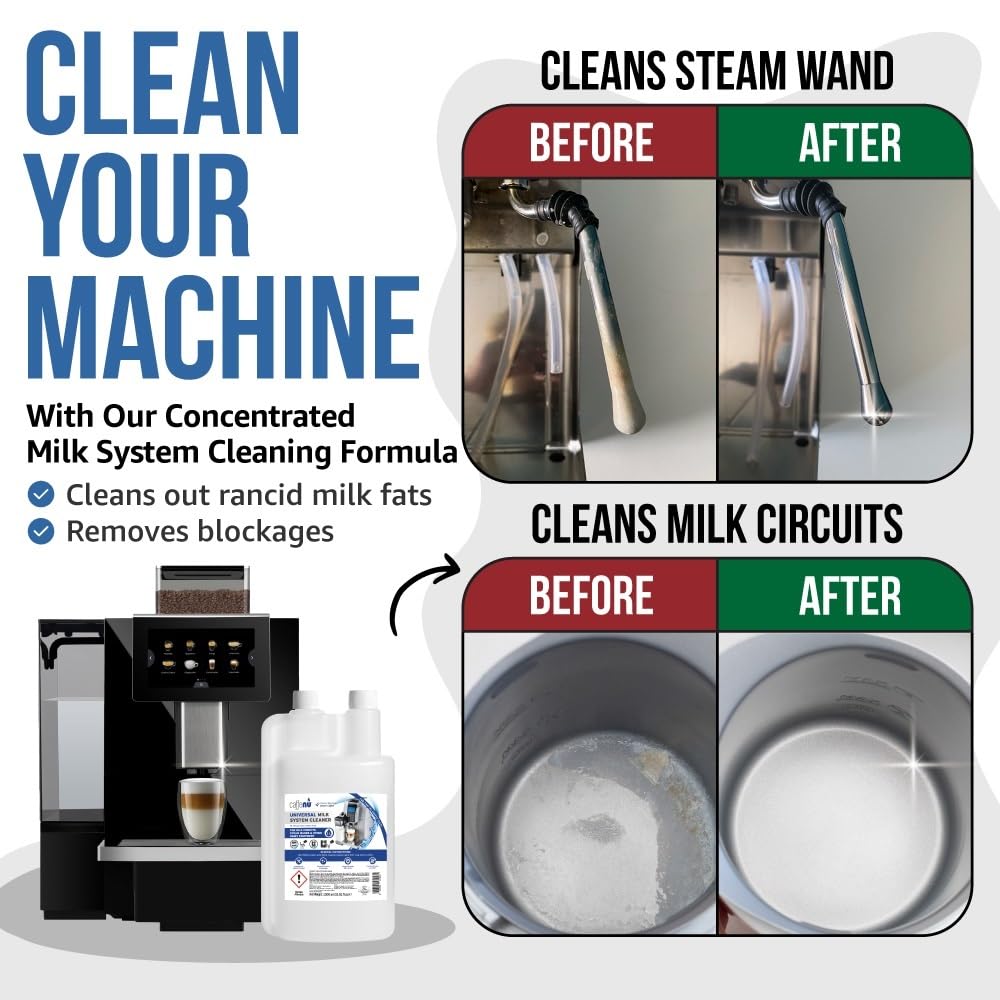 Milk Frother Cleaner for Coffee Machine Cleaner. 33 fl oz. Alkaline Milk System Cleaner. Complete Barista Kit. Barista Accessories With Up to 32 Cleans.