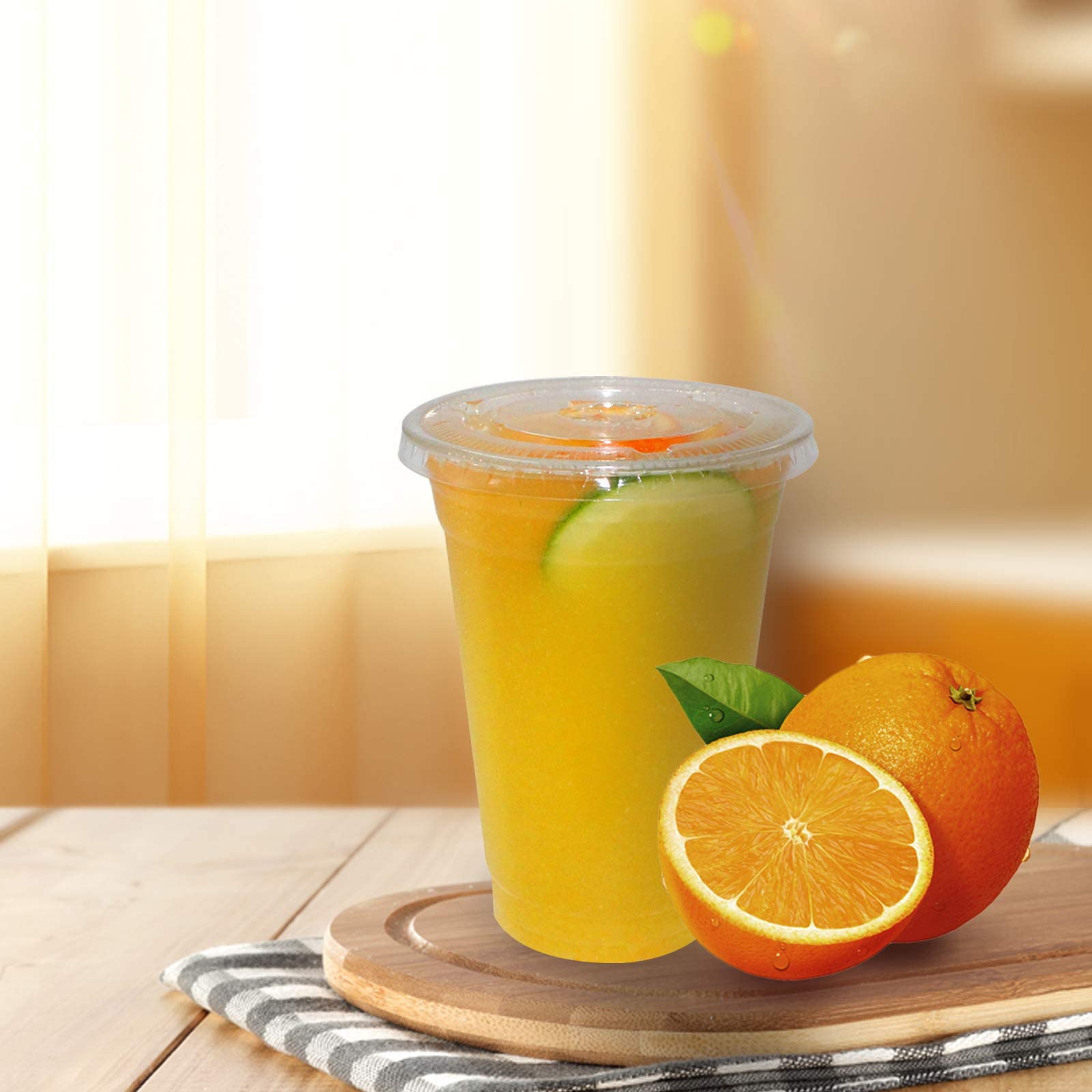 Belinlen 100 Sets 24 oz. Plastic Crystal Clear Cups with Flat Lids for Cold Drinks, Iced Coffee, Bubble Boba, Tea, Smoothie etc. (Coming with Extra 20 lids as Bonus)