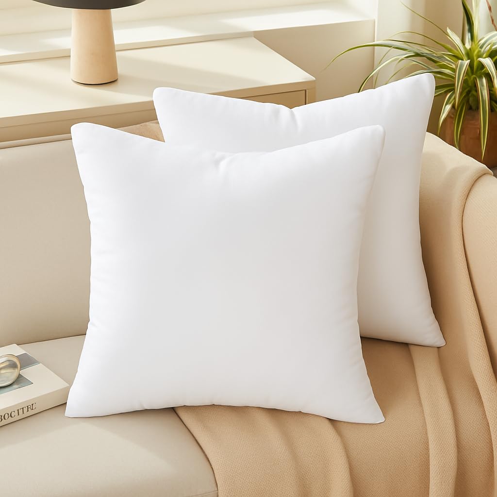 Oubonun 16 x 16 Throw Pillow Inserts - Soft, Plush & Decorative Down Alternative Pillows for Couch Sofa Bed, Machine Washable - White, Pack of 2