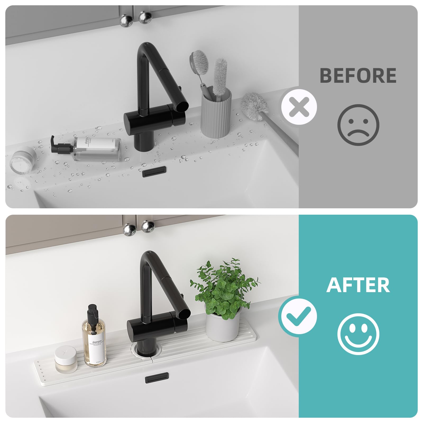 Diatomite Faucet Mat for Kitchen Sink with Raised Pads & Cleaning Brush, Super Absorbent Fast Drying Stone Sink Tray, Splash Guard Protector Mat for Bathroom Counter (White, 23.6" x 3.9")