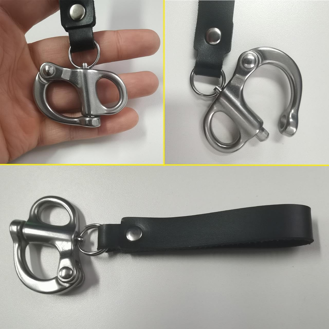 GaiRen SCBA Mask Quick Release Shackle with Leather Handle 2 Pack Black Marine Grade 316 Stainless Steel Fixed Snap Shackle Lanyard for Firefighters