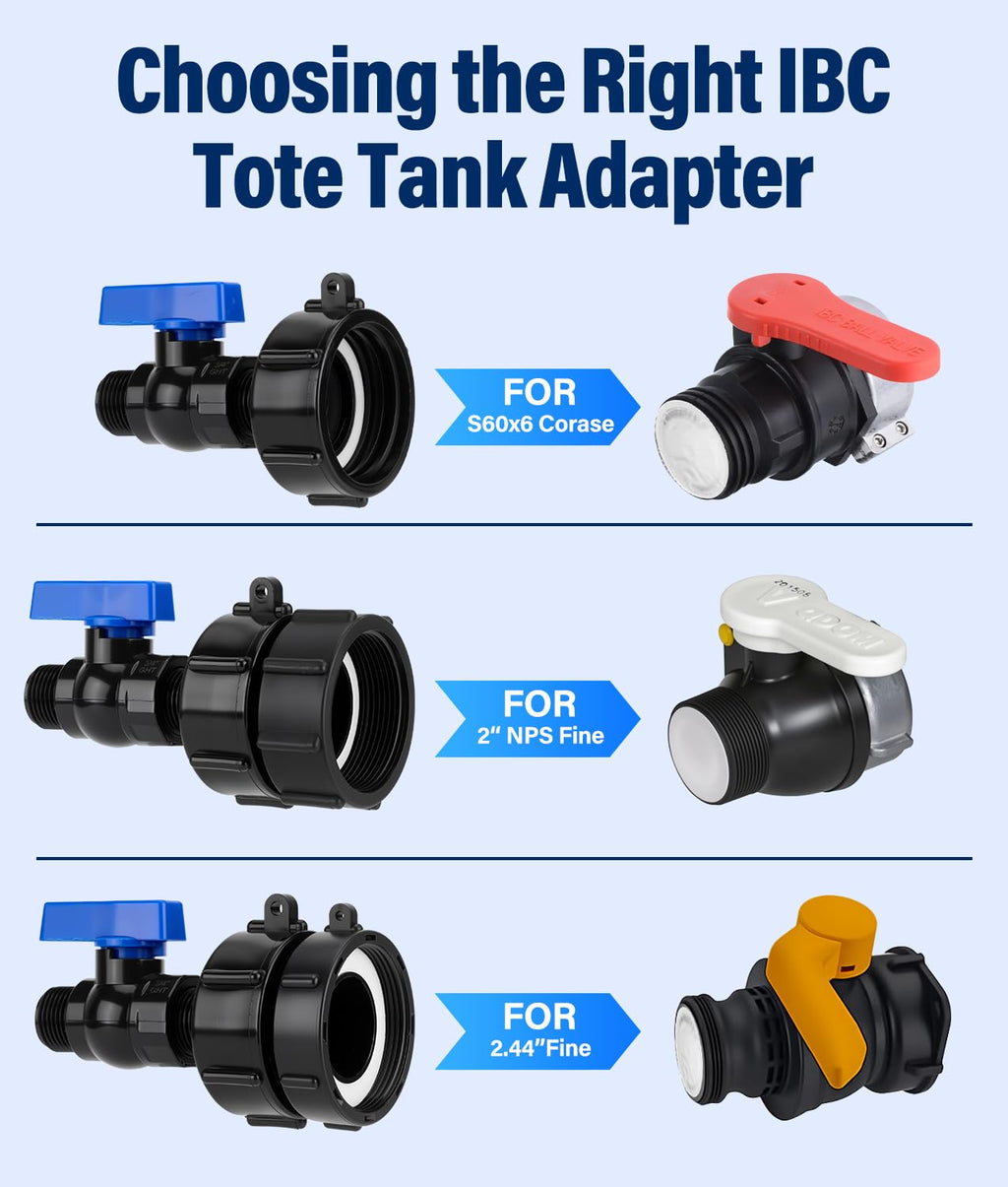 WADEO 330 275 Gallon IBC Tote Fittings, 3 Sizes IBC Tote Hose Adapter, 2.44" Fine, 2" Fine and 2" Coarse Thread, 3/4" Garden Hose Quick Connector
