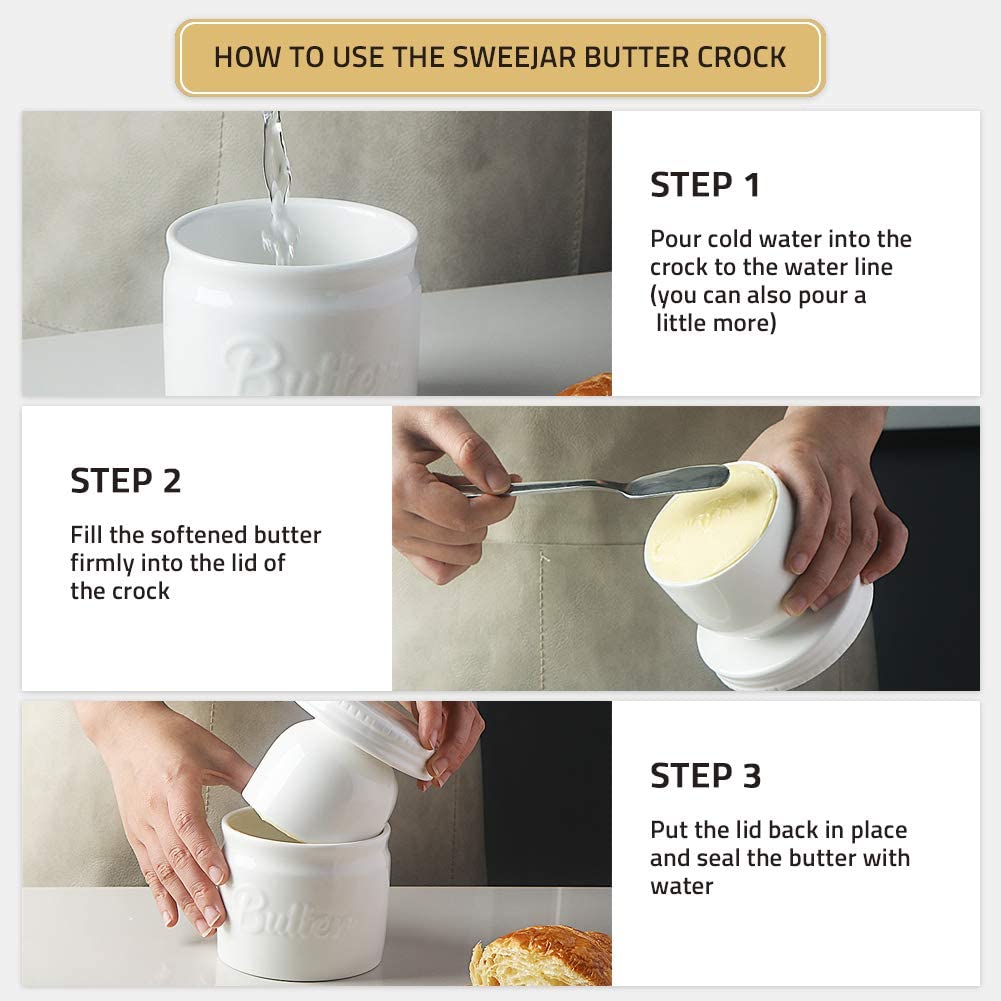 SWEEJAR Porcelain Butter Crock with Lid, Ceramic Butter Container for Soft Butter, French Butter Dish with Water Line Storage for Countertop (Turquoise)