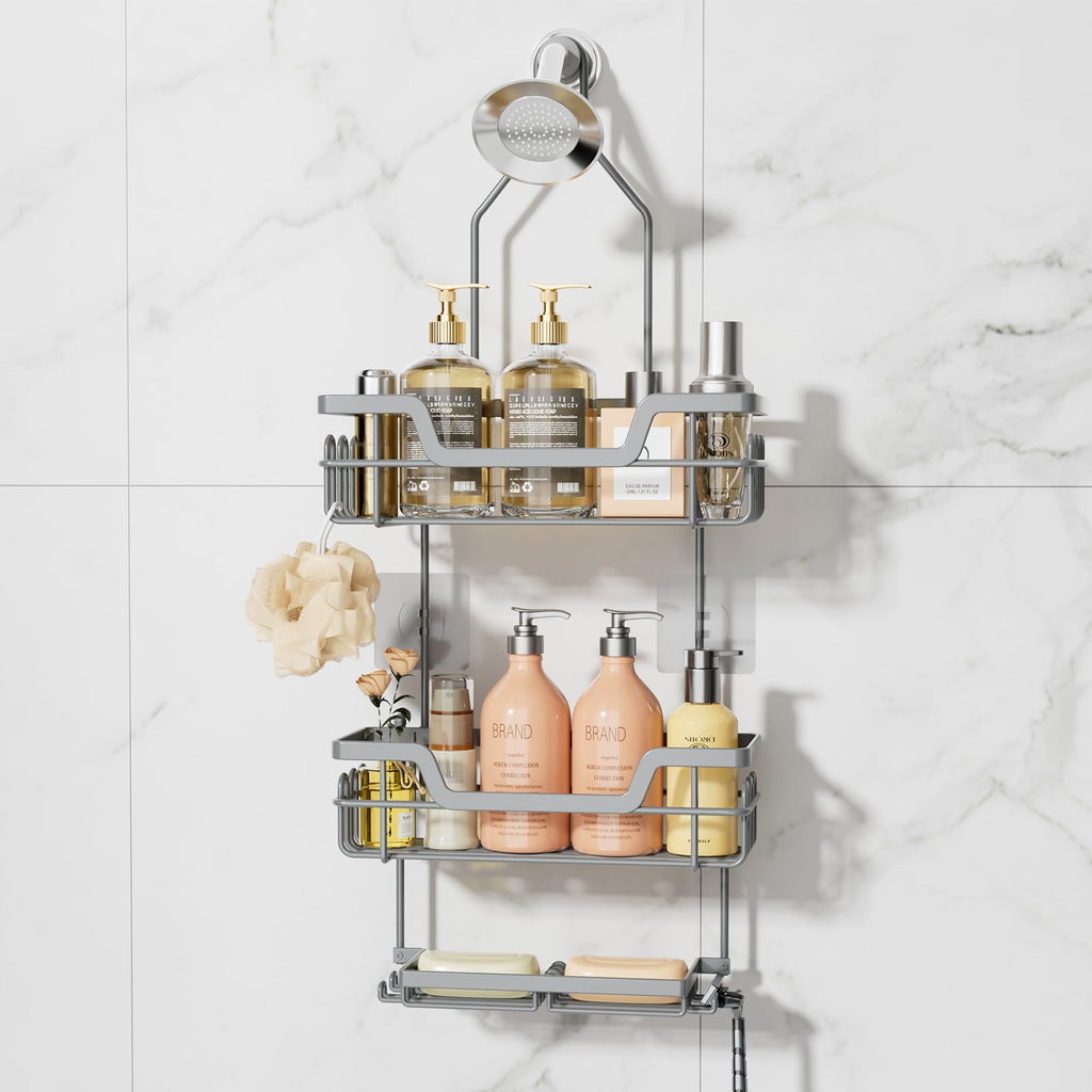 SWTYMIKI Shower Caddy Hanging, Shower Caddy Over Shower Head with 2 Soap Holders & hooks, 3 Tier Antirust & Anti-Swing Bathroom Shelves Organizer No Drilling, Silver