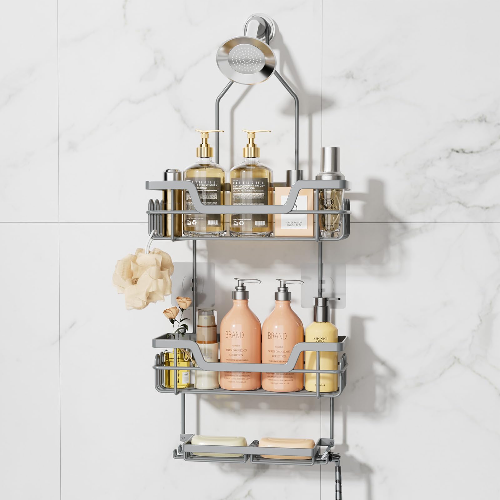 SWTYMIKI Shower Caddy Hanging, Shower Caddy Over Shower Head with 2 Soap Holders & hooks, 3 Tier Antirust & Anti-Swing Bathroom Shelves Organizer No Drilling, Silver