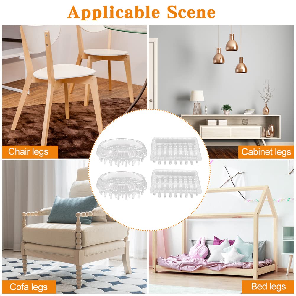 Carpet Protectors Spiked Caster Cups, 16Pcs Plastic Round & Square Comfortable Touch Furniture Leg Protectors for Sofas, Tables, Chairs, Bookcases or Other Furniture (Clear)