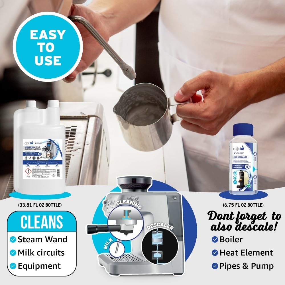 Milk Frother Cleaner for Coffee Machine Cleaner. 33 fl oz. Alkaline Milk System Cleaner. Complete Barista Kit. Barista Accessories With Up to 32 Cleans.