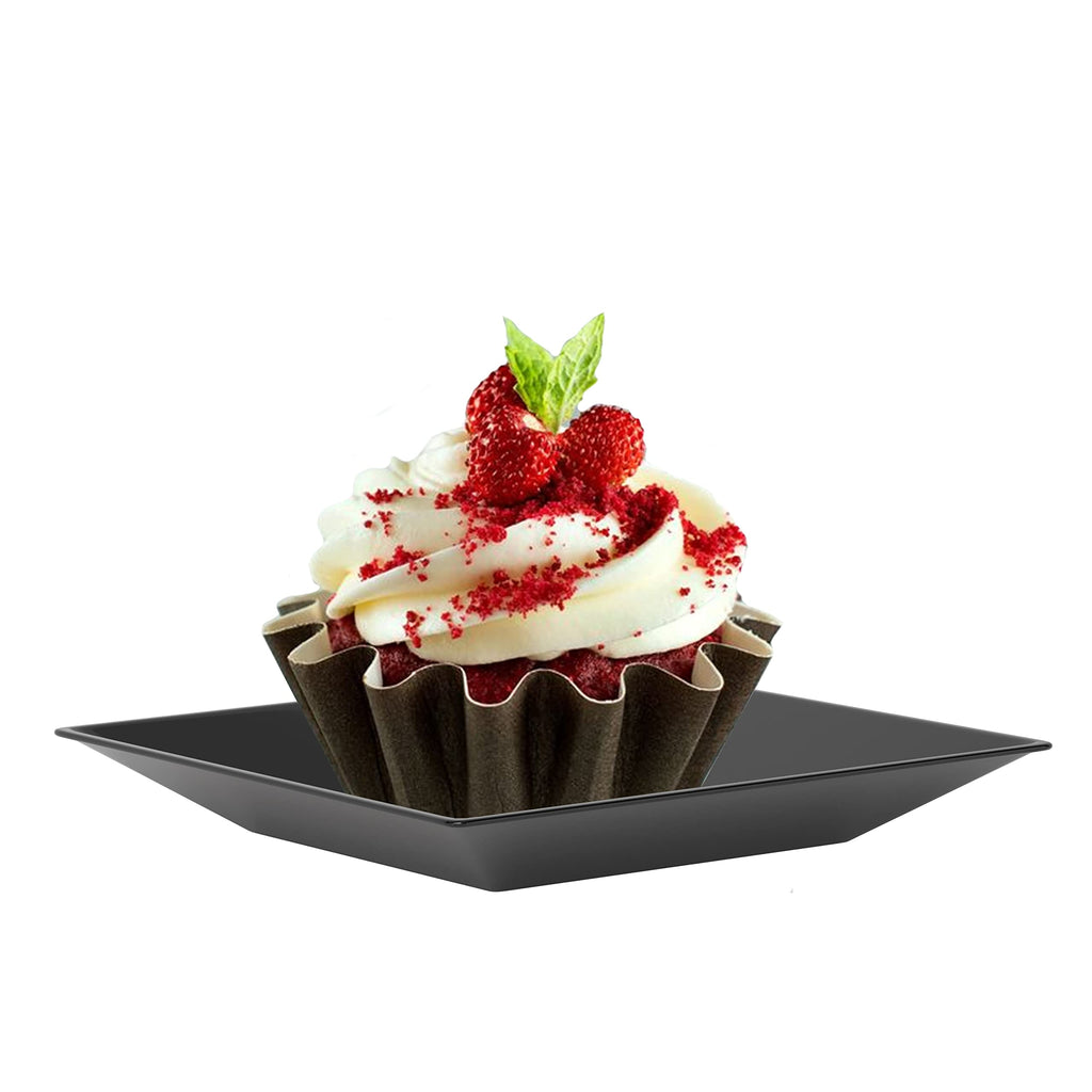 Exquisite Plastic Mini Square Appetizer Plates - 100 Ct Square plastic Dessert Plates - 2.95 Inch. x 2.95 Inch. (Black)