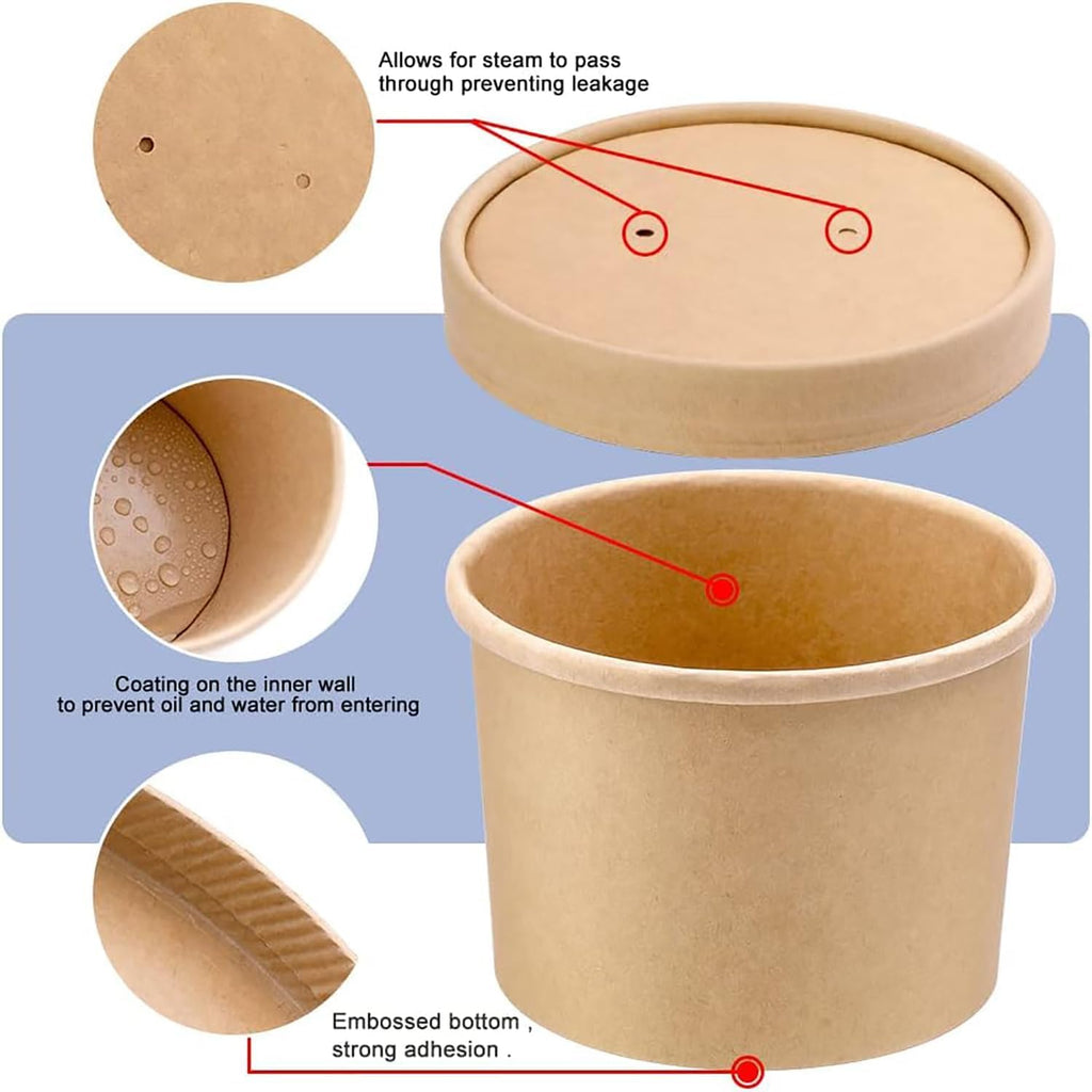 [25 Sets - 8 oz] Kraft Paper Food Soup Containers with Vented Lids, Microwavable Disposable Food Soup Bowls, Ice Cream Cups, Great for Restaurants - Extra 30 Hand Made Self-adhesive Labels