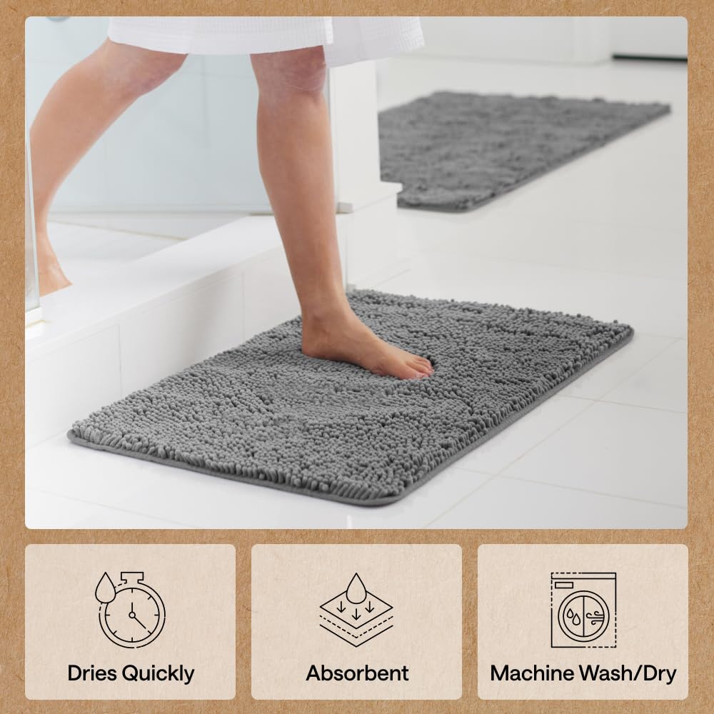 GORILLA GRIP Bath Mat, Thick Soft Absorbent Chenille Floor Mats, Rubber Backing Bathmat, Quick Dry Rug, Machine Washable Rugs for Shower and Tub Floors, Bathroom Accessories Decor, 61x43 cm, Grey