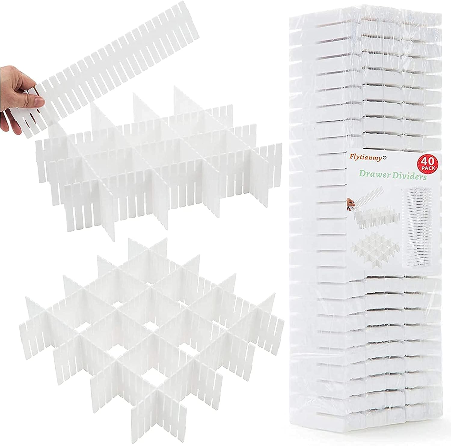 Flytianmy 40Pcs Drawer Dividers, Adjustable Drawer Organizer for Socks, Underwear, Makeup, Kitchen, Bedroom, Dresser White