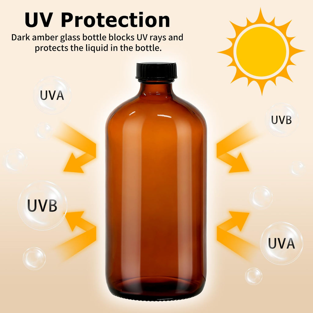 Turvono 4 Pack 32 oz Amber Glass Boston Round Bottles with Phenolic Polycone Caps – Airtight, Leak-Proof Brown Bottles for Kombucha Brewing, Essential Oils, Storing Condiments, and Homemade Solutions