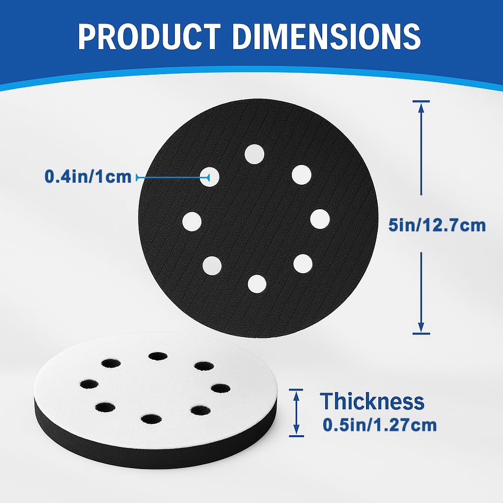 5 Pack 5-Inch Foam Interface Pad, 8-Hole Hook & Loop Sanding Cushion Pad for Random Orbital Sander, Soft Density Buffer Pad, Fits 5-Inch H&L Discs & Backing Pads