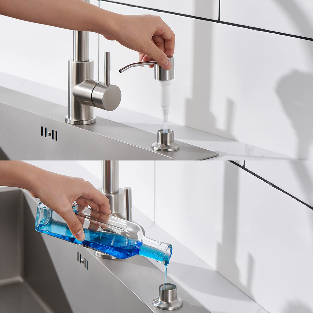 Built in Sink Soap Dispenser Brushed Nickel, Lotion Dispenser for Kitchen Sink Stainless Steel Refill from The Top Sink Soap Dispenser with 13 OZ Soap Bottle