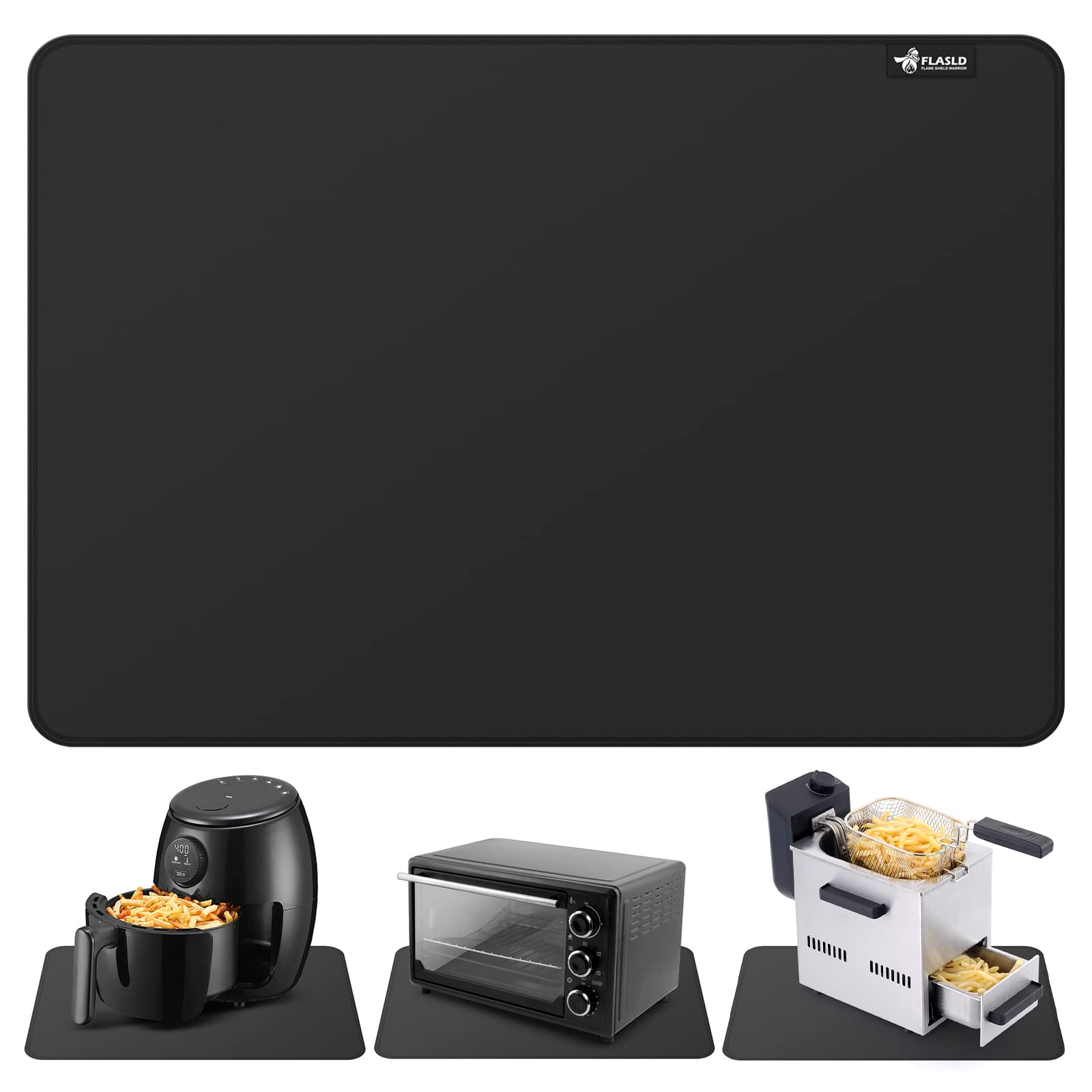 FLASLD Heat Resistant Mat for Air Fryer Site on, Fireproof Silicone Mats for Kitchen Counter, Countertop Protector, No-slip and Waterproof (12"X18", Black)