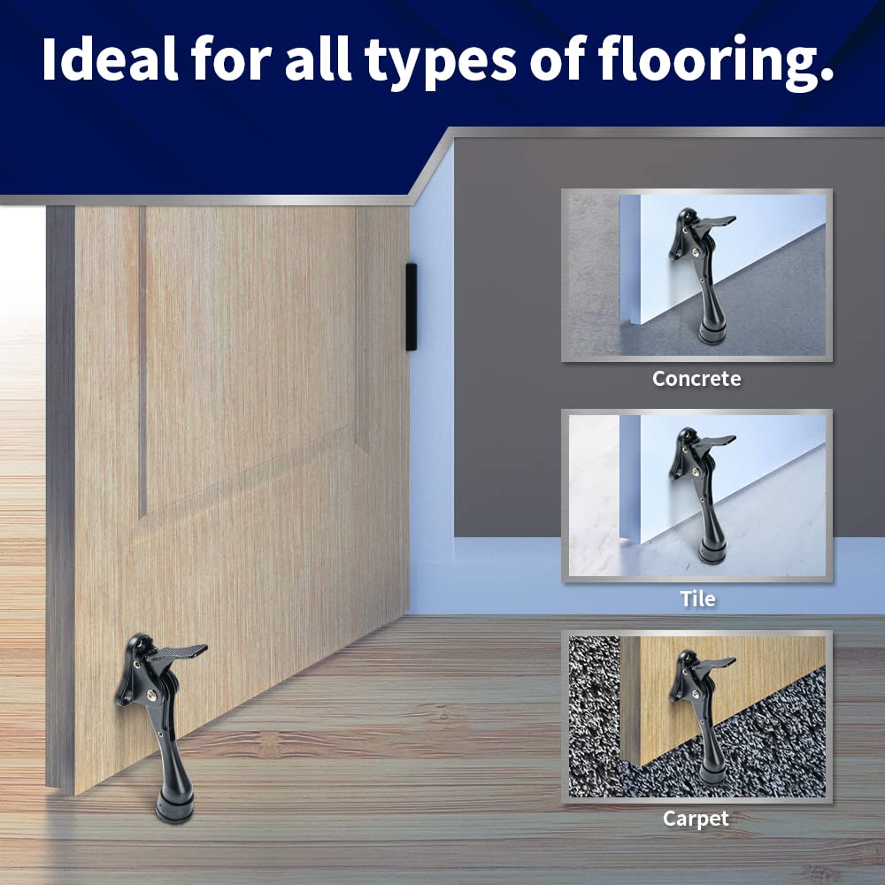 HOME&I One Touch Easy Pedal Door Stop Stopper Height Adjustable Kick Down Door Stop with Rubber Tip Spring Lever Screw Type (Black, 4 Inch x 2 Pack)