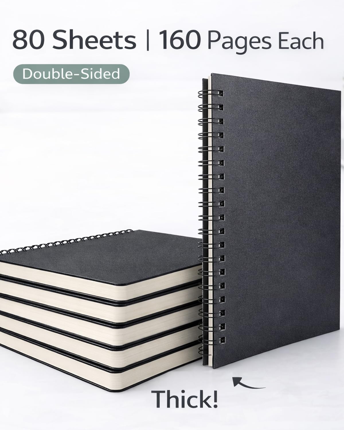 A5 Spiral Notebooks, 6-Pack, College Ruled 7mm Lined Paper, 160 Pages (80 Sheets) Each, Durable Poly Cover, Lay-Flat 180° – Notebooks for School & Work, Subject & Project Notes (Black)