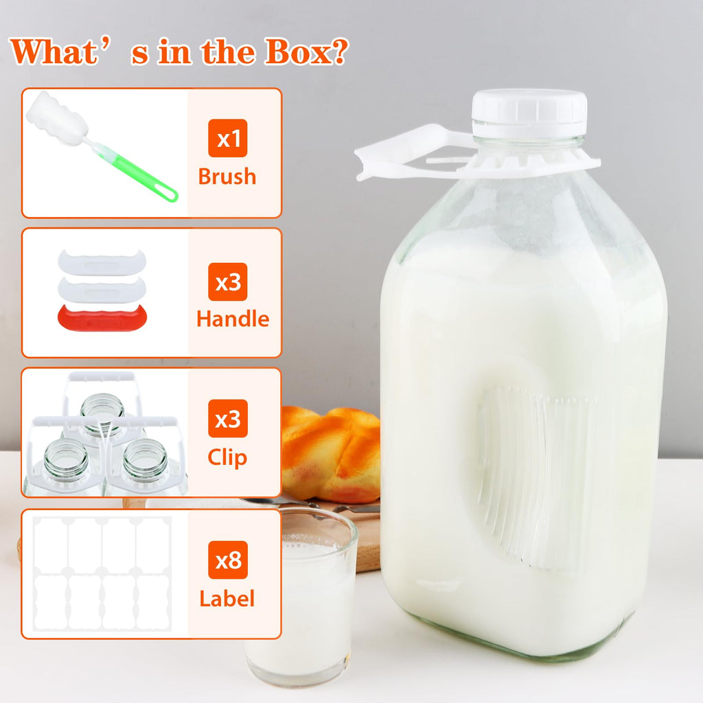 CARBLIN 64 Oz Glass Milk Bottles, Heavy Duty Glass Milk Jugs with Airtight Lid, 2Qt Clear Water Container for Refrigerator, Reusable Juice Pitcher with Brush & Handle (1/2 Gal, 3 Pack)