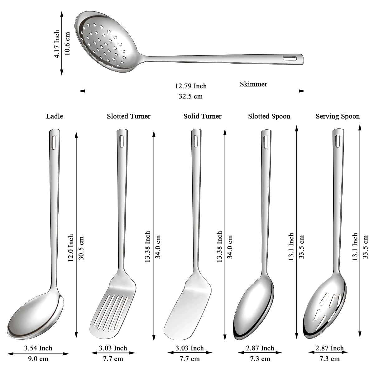 Evanda 6-Piece Modern Stainless Steel Cooking Utensils Set, Heavy Duty Kitchen Tools, Spatulas, Slotted Spoon, Ladle, Skimmer, Home Essentials Kitchen Gadgets Accessories