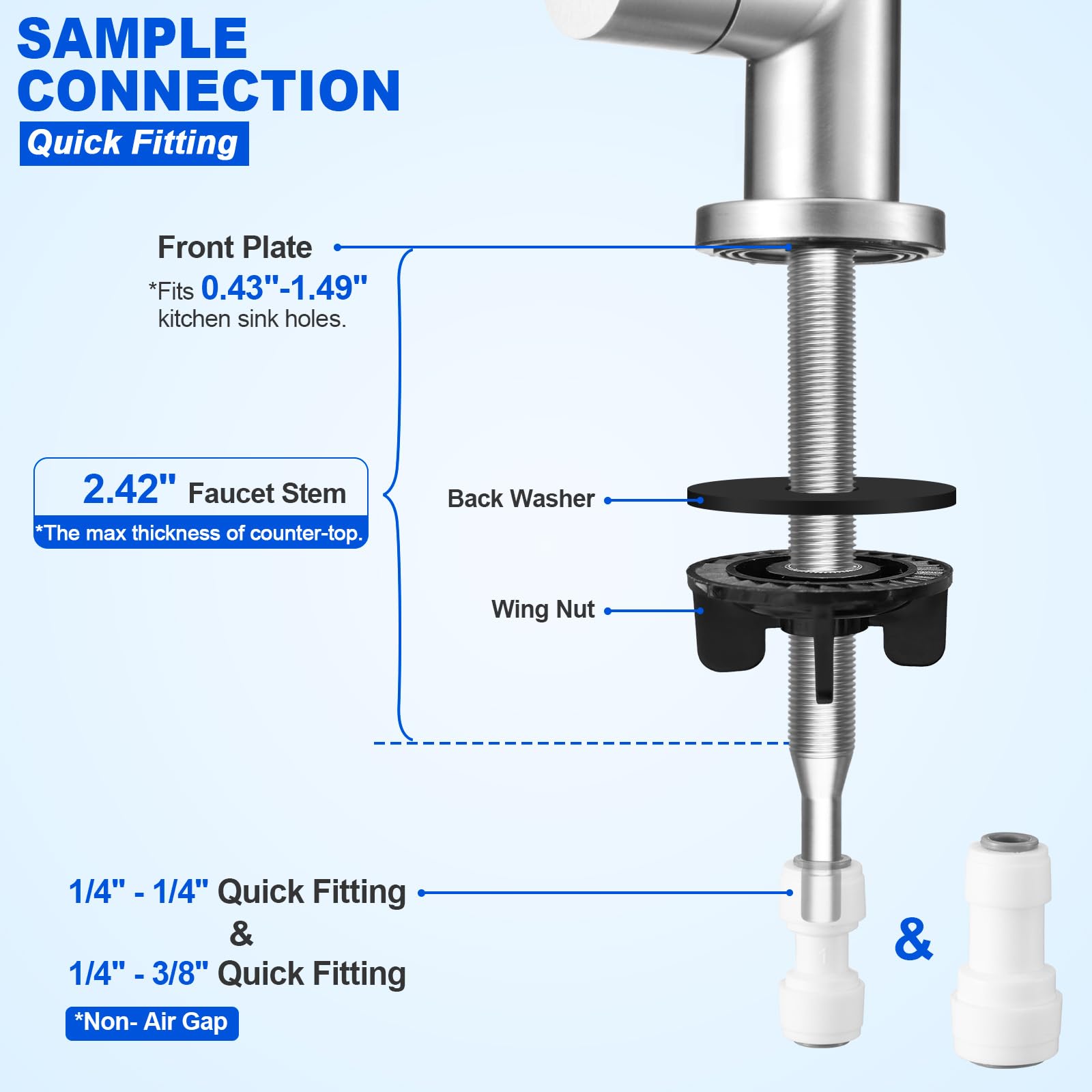 Drinking Water Faucet - Long Thread Stem Filtered Water Tap for Thick Countertop,Lead-Free RO Faucet with Hose and Push Connect Fittings(Brushed Stainless)
