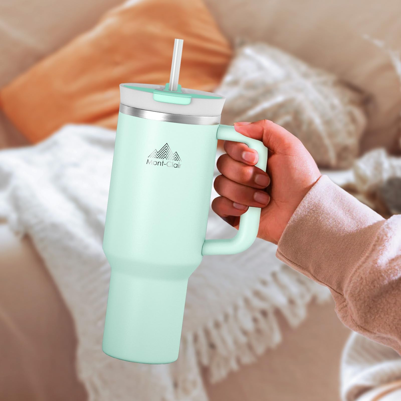 Mont-Clair 40oz Tumbler with Straw and Lid - Leakproof Insulated Stainless Steel Travel Mug with Handle - Travel Mug - Cold or Hot for 10 Hours - Iced for 48 Hours - 1200ml - Matcha Green