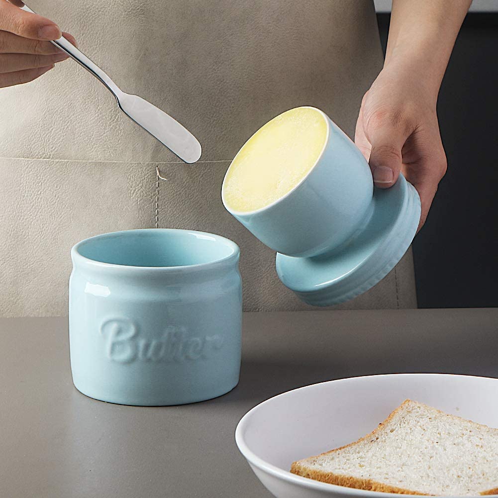 SWEEJAR Porcelain Butter Crock with Lid, Ceramic Butter Container for Soft Butter, French Butter Dish with Water Line Storage for Countertop (Turquoise)
