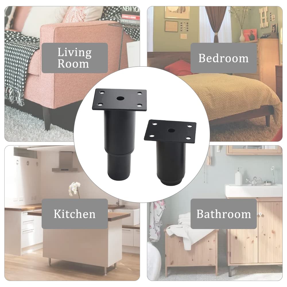 XINMEIWEN 4Pack Metal Adjustable Furniture Legs Cabinet Foot Legs Heavy Duty Bed Center Frame Slat Support Leg for Table Bed Sofa (3’’/80mm-4.7’’/120mm, Black)