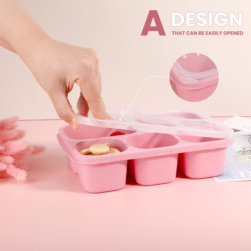 Snack Containers, 4 Pack Lunch Box, Snack Box Containers Reusable for Kids and Adults, 5 Compartment Meal Prep Food Storage Containers for School, Work, Travel(Wheat)