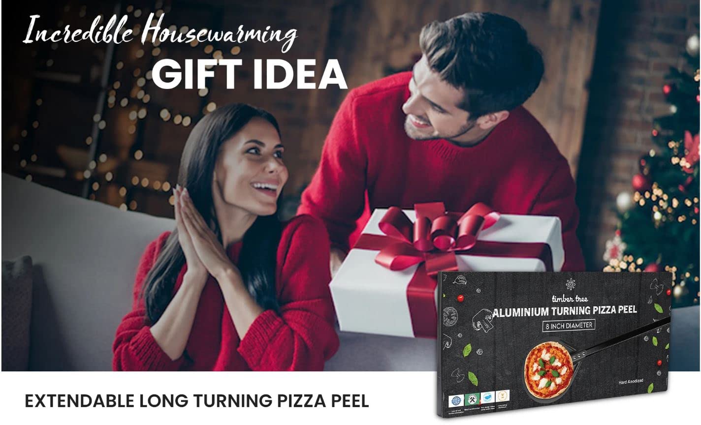 Timber Tree Pizza Turning Peel, Perforated Aluminum, with Detachable Handle for Easy Storage, Gourmet Luxury Pizza Paddle for Baking Homemade Pizza Bread (8 inch)
