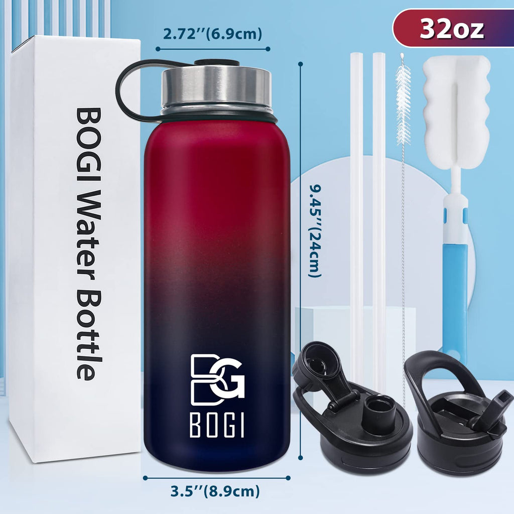 BOGI 32oz Insulated Water Bottle, Double Wall Vacuum Stainless Steel Water Bottle with Straw and 3 Lids, Sweat-Proof Wide Mouth Metal Water Bottle Keeps Hot or Cold for Sports Gym Office (Dark Red)