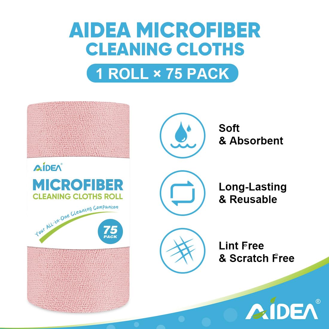 AIDEA Microfiber Cleaning Cloth Roll, 75PK, Tear Away Reusable Paper Towels, Pink Towels Lint Free Rags for House, Kitchen, Car Cleaning Supplies, 11.5"×11.5"