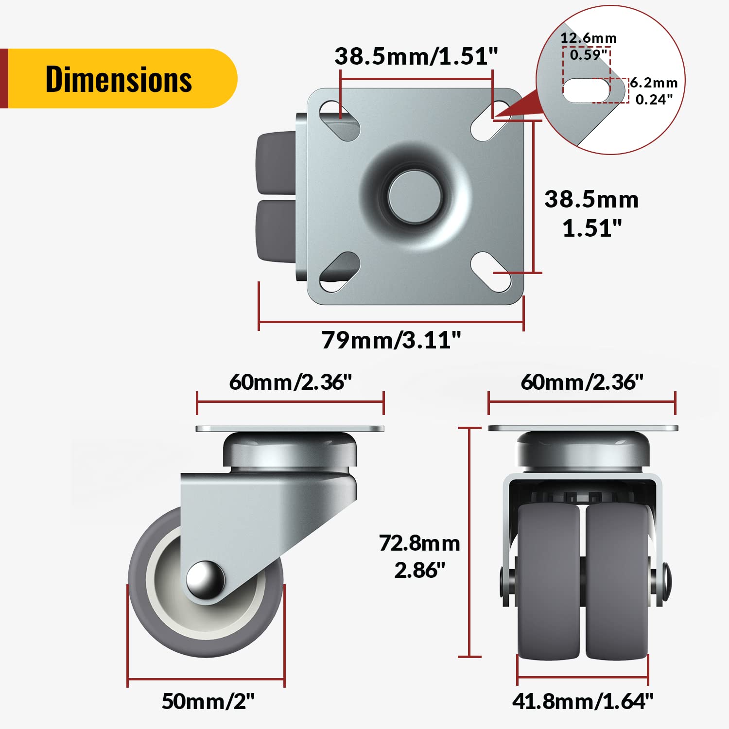 2 inch Caster Wheels Set of 4 - Heavy Duty Casters for Furniture - No Noise TPR Swivel Wheels - with Screws - Total Capacity 880 lbs (2 with Brakes)