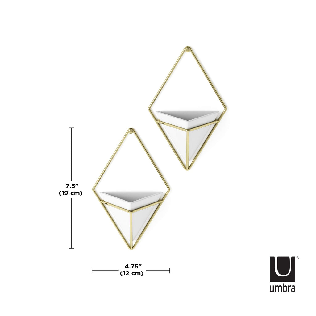 Umbra Trigg Hanging Planter Vase Wall Decor, Set of 2 Pots Containers for Succulents, Cactus, Faux Plants, and More, Small, White/Brass