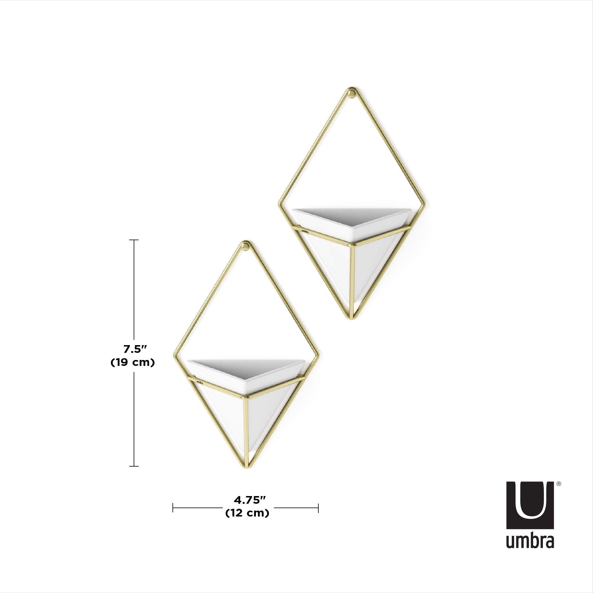 Umbra Trigg Hanging Planter Vase Wall Decor, Set of 2 Pots Containers for Succulents, Cactus, Faux Plants, and More, Small, White/Brass