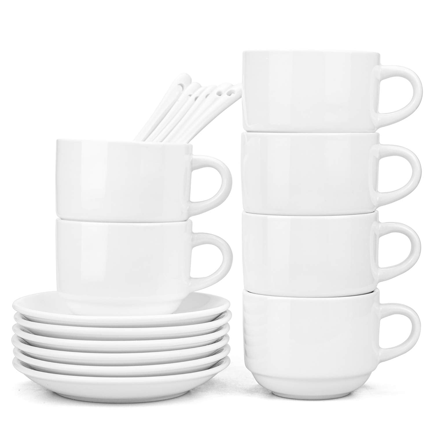Hedume 6 Pack 5 OZ Espresso Cups with Saucers and Spoons, Stackable Espresso Coffee Cup Set for Specialty Coffee Drinks, Latte, Cafe Mocha and Tea - Safe for Dishwasher, Microwave, Oven and Freezer