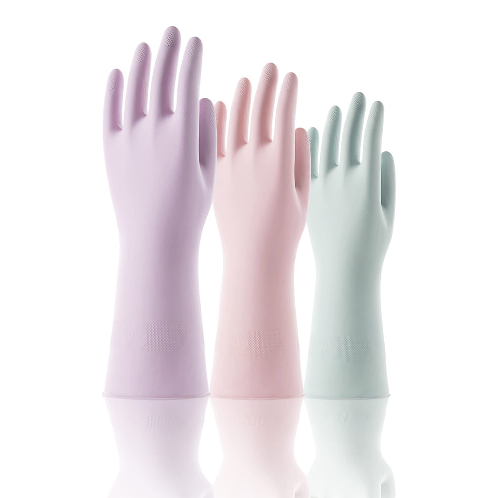 COOLJOB 3 Pairs Reusable Rubber Cleaning Gloves for Women, Long Sleeve with Thin Flocked Liner for Household, Dishwashing, Kitchen, Laundry, Waterproof, Pink, Green, Purple, Small Size