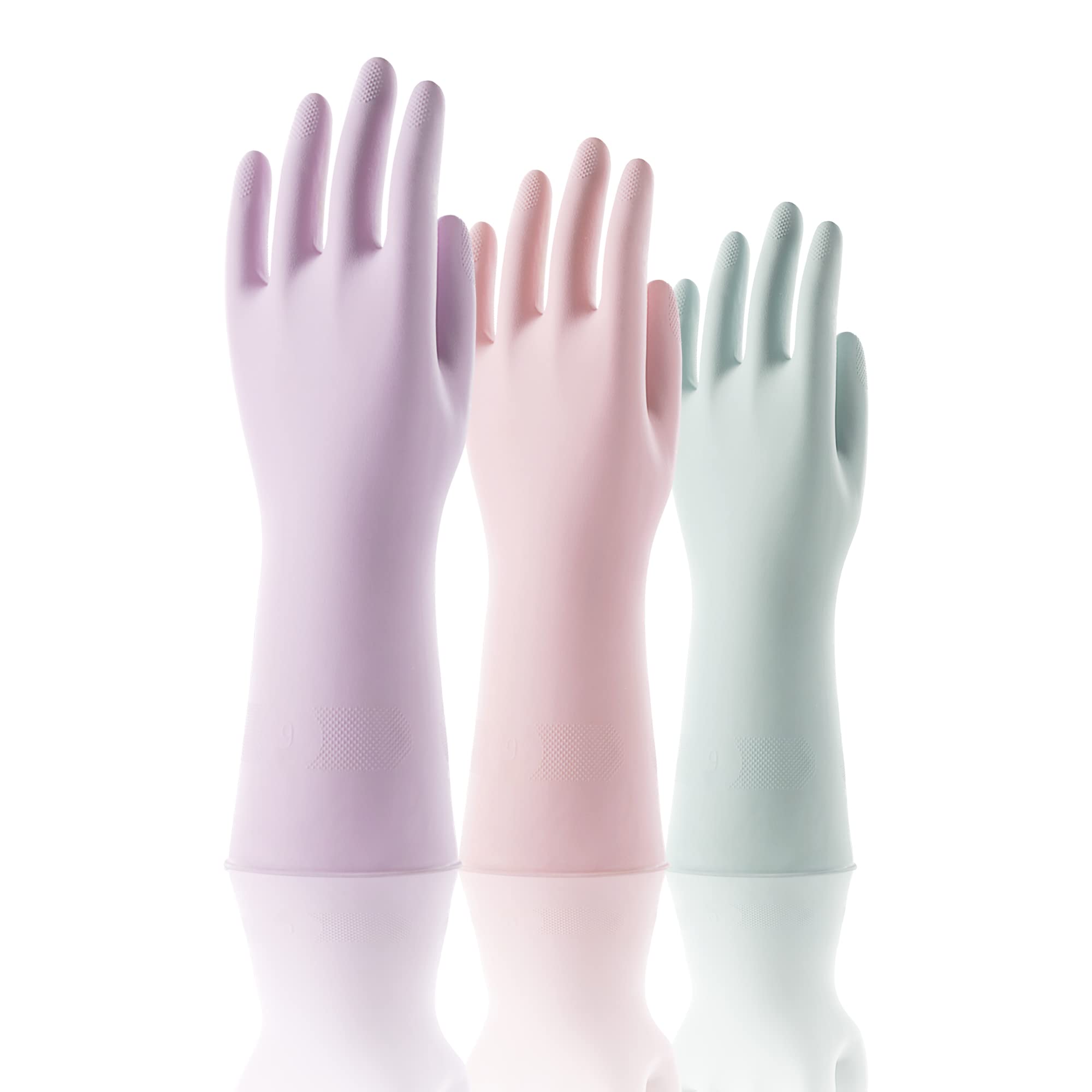 COOLJOB 3 Pairs Reusable Rubber Cleaning Gloves for Women, Long Sleeve with Thin Flocked Liner for Household, Dishwashing, Kitchen, Laundry, Waterproof, Pink, Green, Purple, Small Size