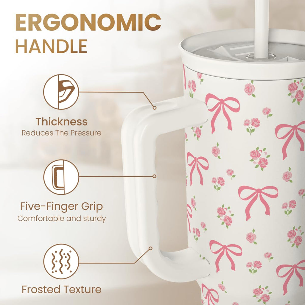 Bow Tumbler with Handle 40oz, Stainless Steel Insulated Tumblers Coffee Travel Cup with Slider Straw Lid, Gifts for Women Teen Girls Birthday