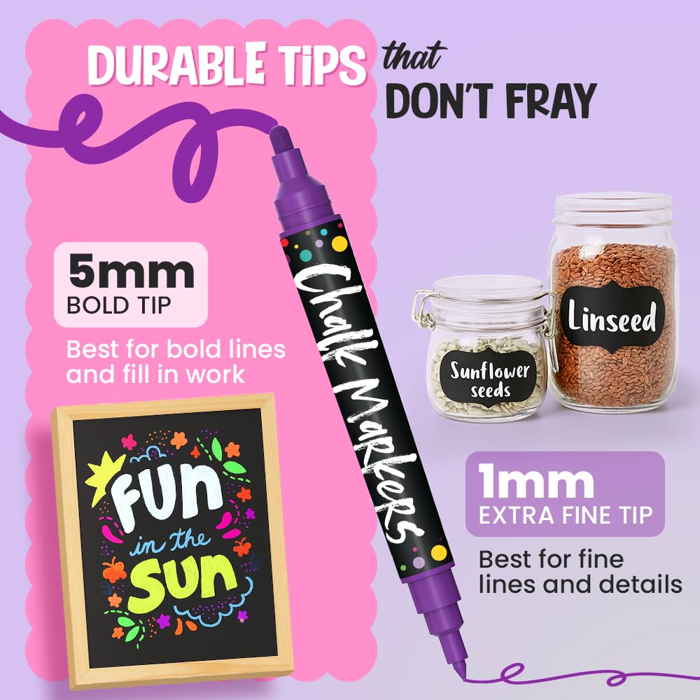 Chalkola Dual Tip Liquid Chalk Markers for Blackboard (10 Pack, 1mm+5mm Fine, Bold) - Dry Erase Marker Pens for Chalkboards Signs, Car Windows, Glass, Mirrors - Erasable Chalkboard Markers