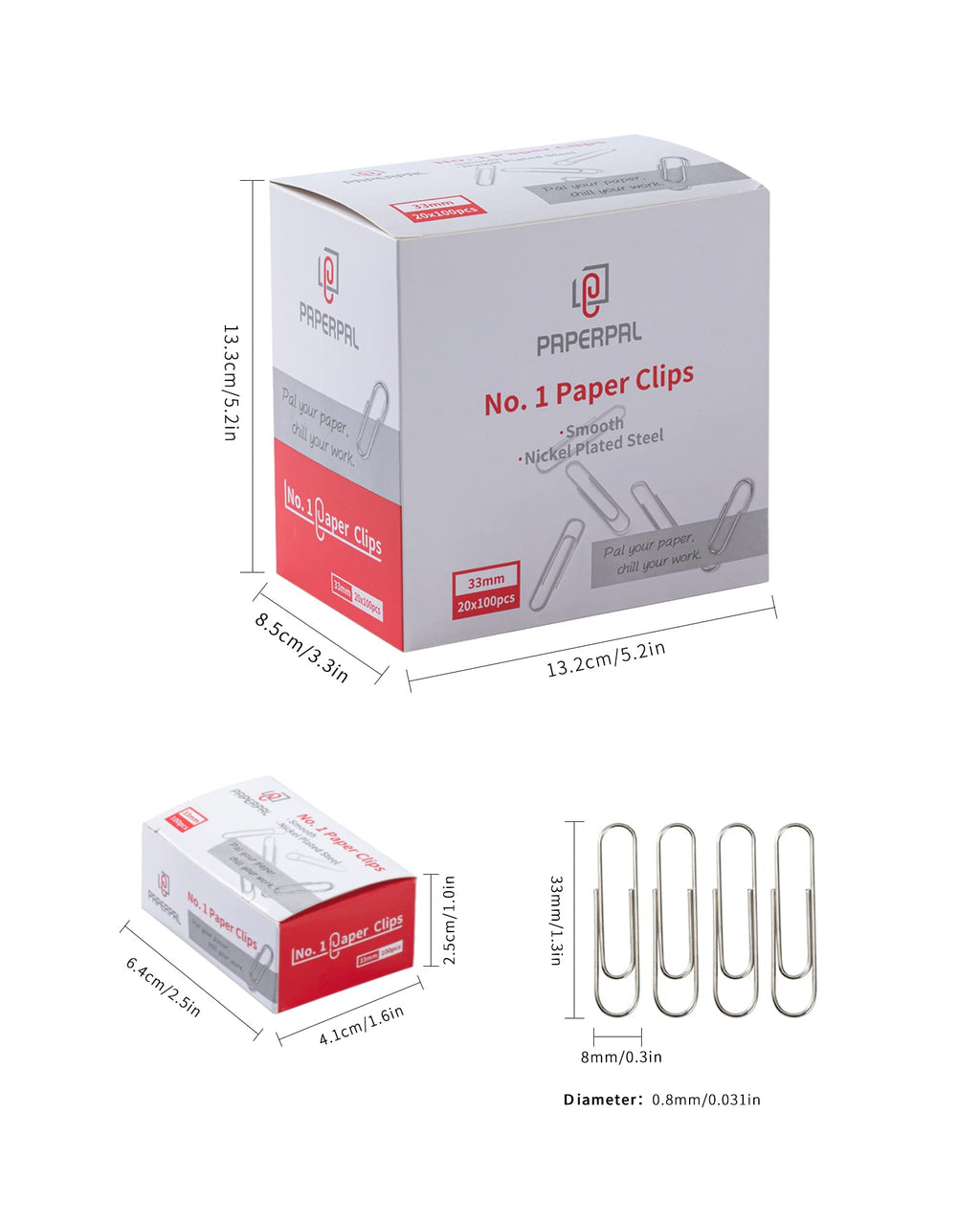 PAPERPAL #1 Smooth Paper Clips, 2000 Medium Paper Clips (20 Boxes of 100 Each), Bulk Paperclips for Office School & Personal Use, Daily DIY, 1-2/7” Silver Paper Clip Standard Size nh33-20