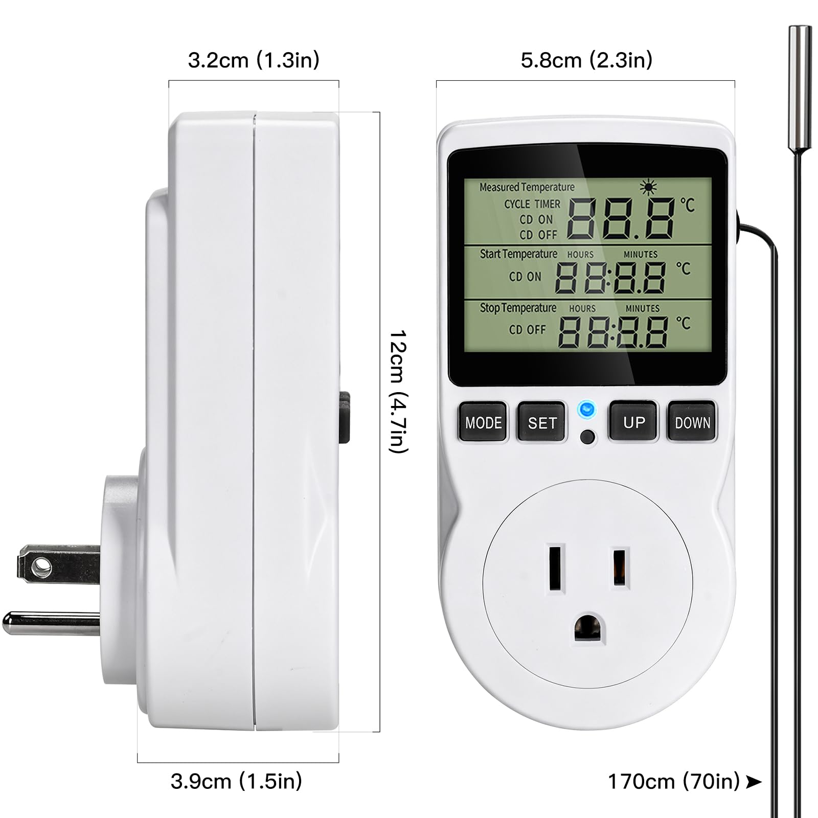 XIBETEO Digital Thermostat Outlet Plug Temperature Controller, Thermostat Reptile -40°C~120°C Hating Cooling Timing Plug with 1.7m Sensor for Greenhouse Incubator Brewing Terrarium 120V 15A 1800W