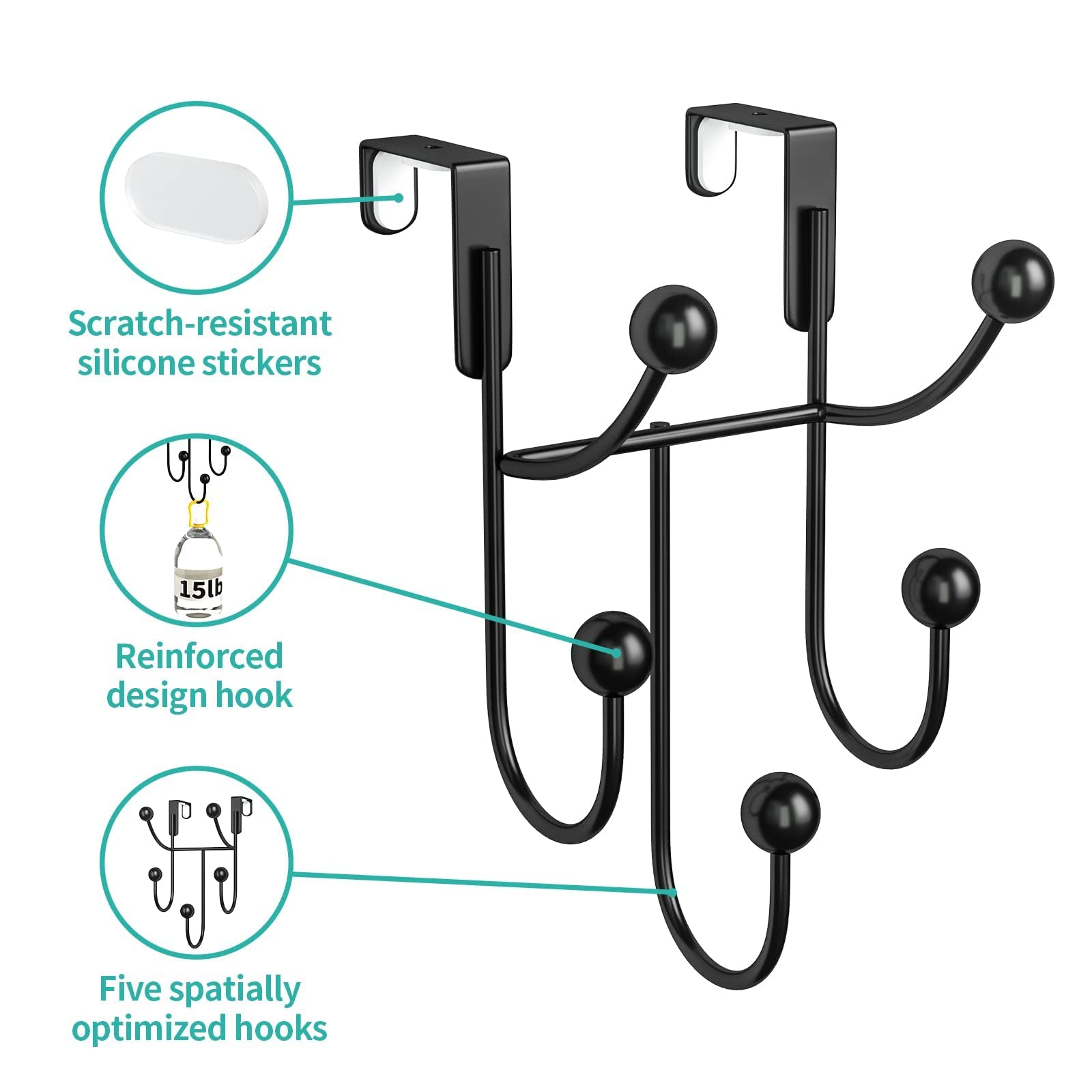 HapiRm Over Door Hooks with 5 Coat Hooks, Stainless Steel Bedroom Hanger 2 Pack with Scratch Proof Pad, Hook for Hanging Coats Towel Hat Bag, Back of Door Hook Black for Bath