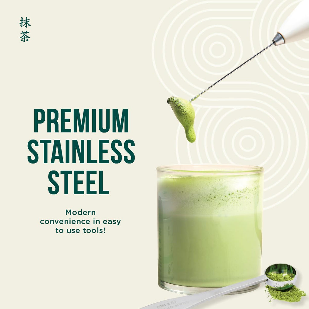 Jade Leaf Matcha - Modern Starter Gift Set Includes: Electric Matcha Whisk + Milk Frother, Stainless Steel Spoon, Stainless Steel Sifter, and Printed Handbook