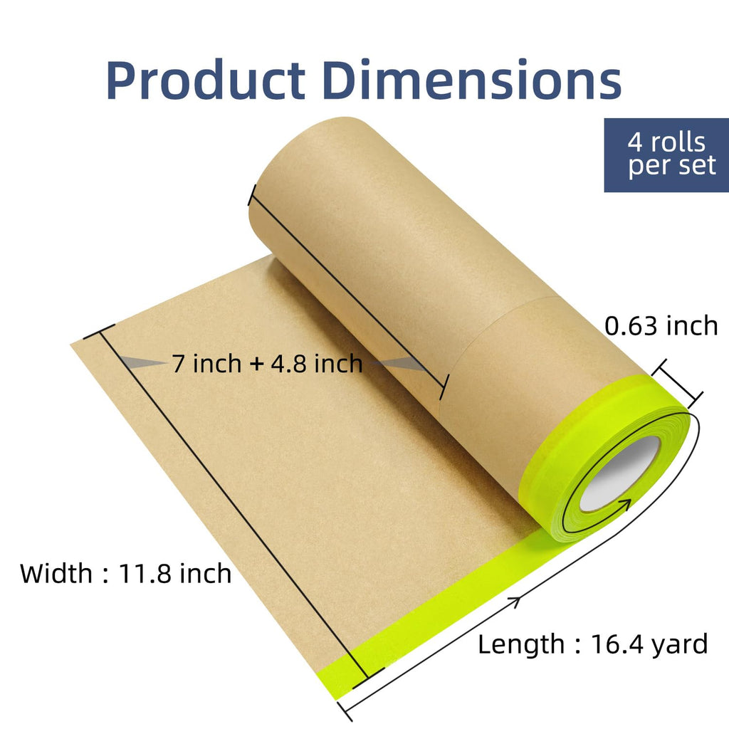 AMOGATO Pre-Taped Masking Paper, 12'' x 50FT, 4 Rolls, Premium Masking Paper Roll – Water-Resistant, Easy-Tear Painting Paper for Walls, Furniture, Cars – Professional & DIY Protection