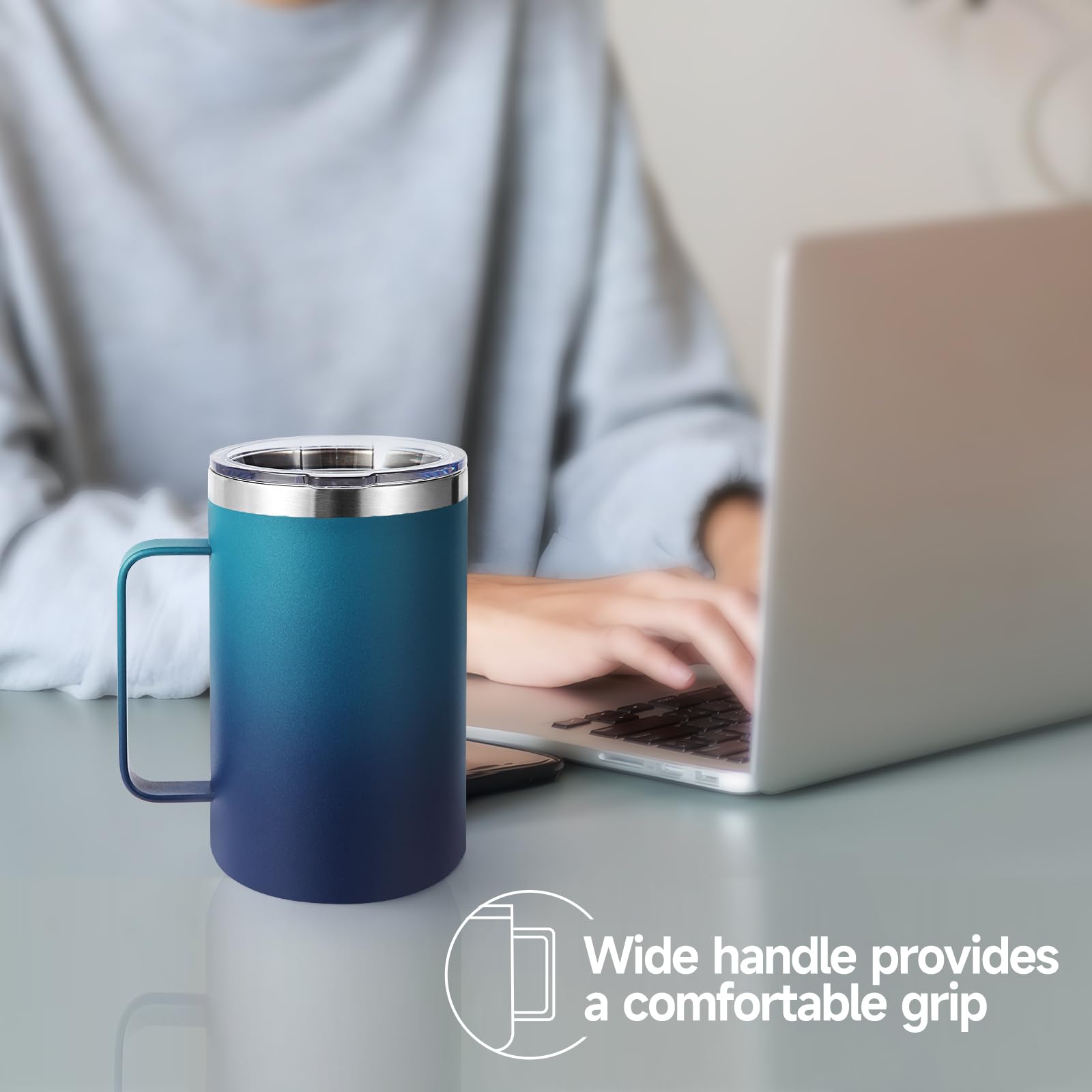 Volhoply 16oz Insulated Stainless Steel Coffee Mugs with Leakproof Lid Bulk 2 Pack,Double Wall Vacuum Travel Coffee Cup with Handle,Reusable Metal Tumbler,Camping Mug Keep Hot&Cold(Mixed,2)