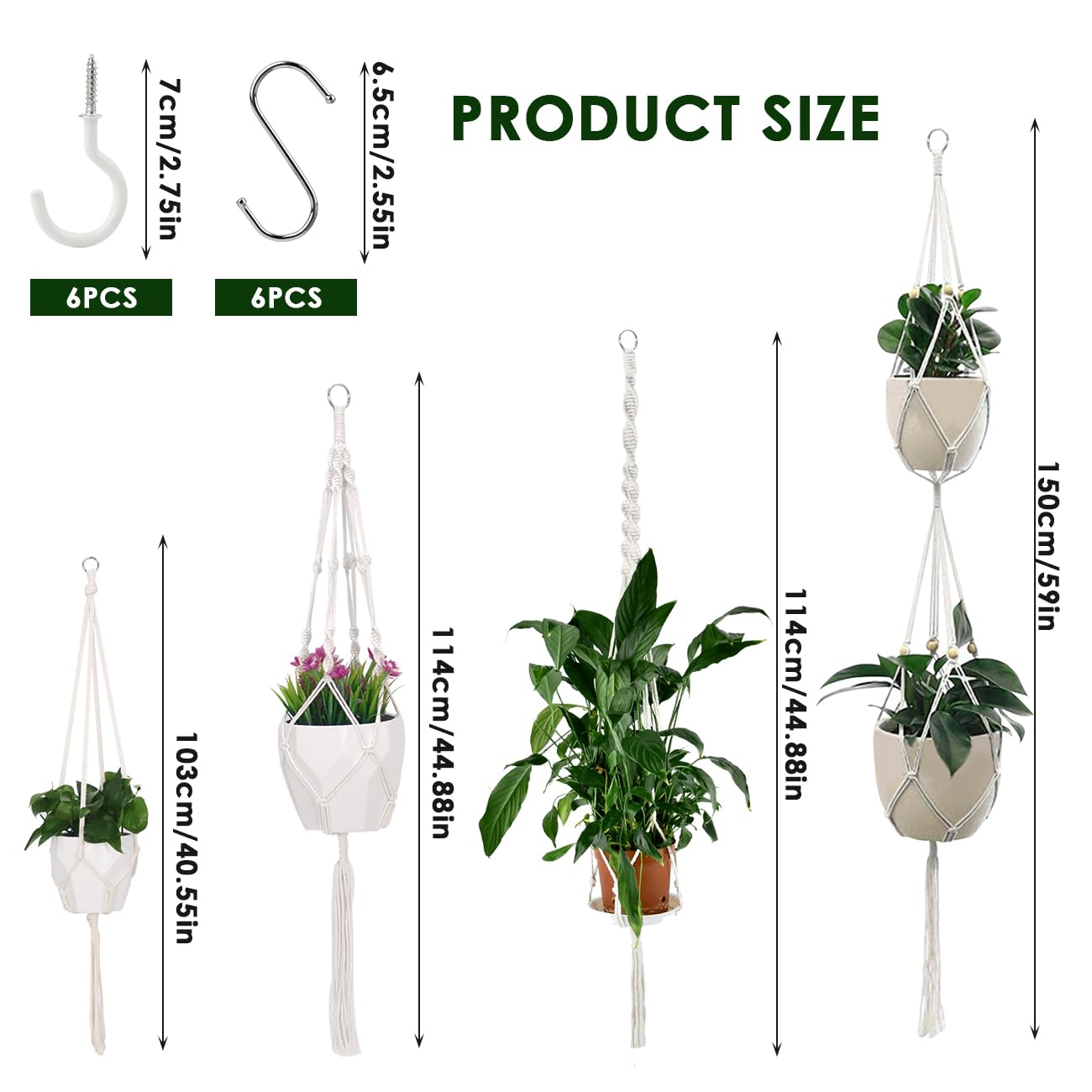 OctBird 6 Pack Macrame Plant Hanger, Hanging Plant Holder with 6 Hooks, Handmade Macrame Hanging Planter Basket Rope Holder for Indoor Outdoor Plants Décor