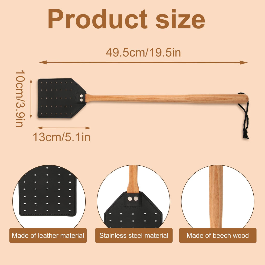 KINBOM 2pcs Leather Fly Swatter, Manual Heavy Duty Flyswatter with Long Wood Handle and Hanging Rope Durable Fly Swatter Catcher Wasp Swatter for Indoor Outdoor Home Fly